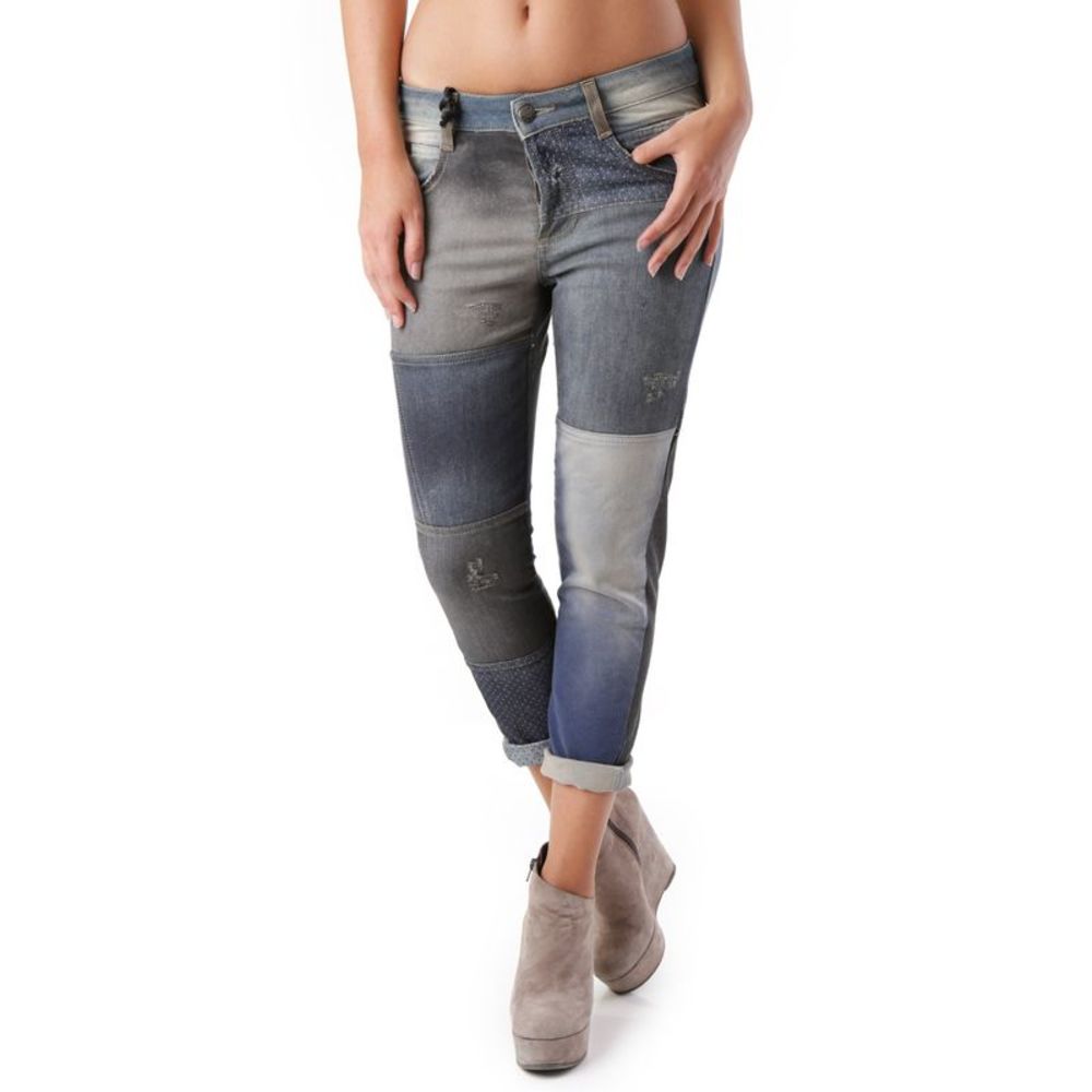 Sexy Woman Blue Worn Out Effect Jeans with Button Fastening and Front/Back